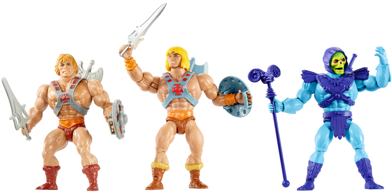 Mattel’s vintage MOTU He-Man figure (left) compared to the new MOTU Origins Line He-Man and Skeletor figures (center and right).